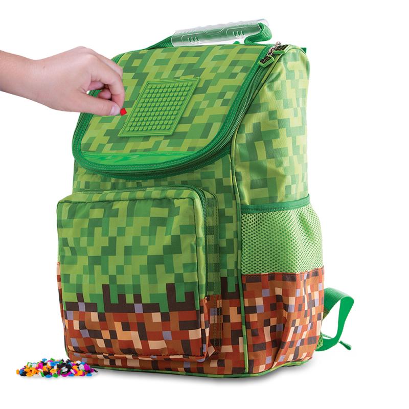 PIXIE CREW školní aktovka pro Minecraft fanoušky zeleno-hnědá s malým panelem